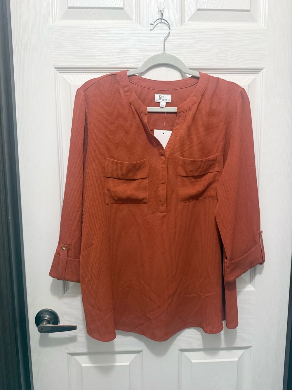 Kim Rogers Burnt Orange V-Neck Tunic with Front Pockets